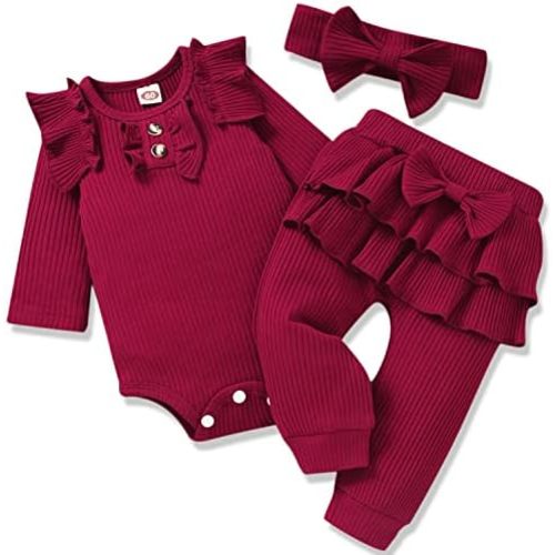 Aalizzwell Preemie Newborn Infant Baby Girls Clothes Ribbed Bodysuit Pants Set Fall Winter Outfits