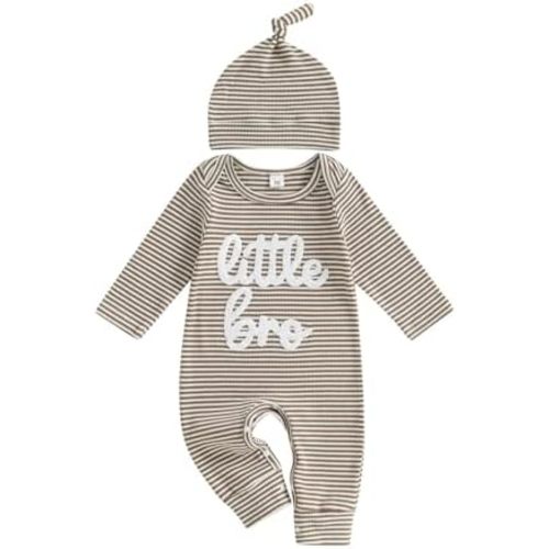 pengnight Baby Boy Clothes Little Bro Newborn Outfit Ribbed Knit Long Sleeve Baby Brother Romper Striped Bodysuit with Hat