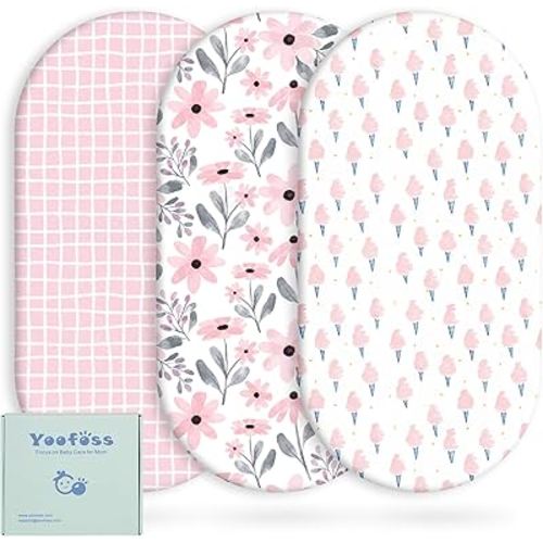 Yoofoss Bassinet Sheets for Baby,3-Pack Fitted Bassinet Sheets Set Compatible with Halo Bassinest Swivel Sleeper,Baby Delight,Angelbliss,Soft Breathable Bassinet Mattress Sheets (Pink+Floral)