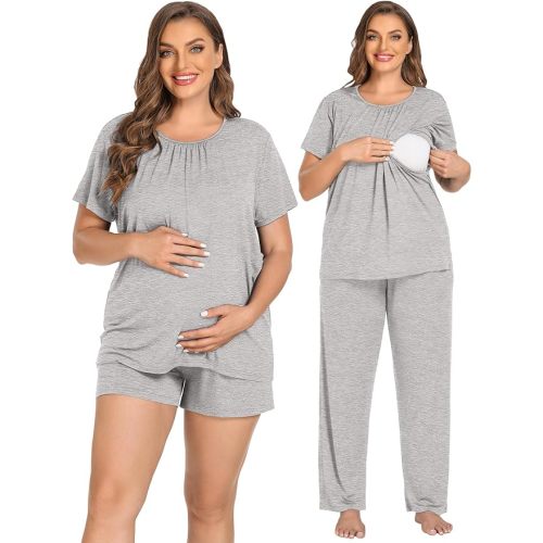 SWOMOG Women 3Pcs Maternity Pajama Set Nursing Pjs Pregnancy Set Breastfeeding Pjs Double Layer with Pockets