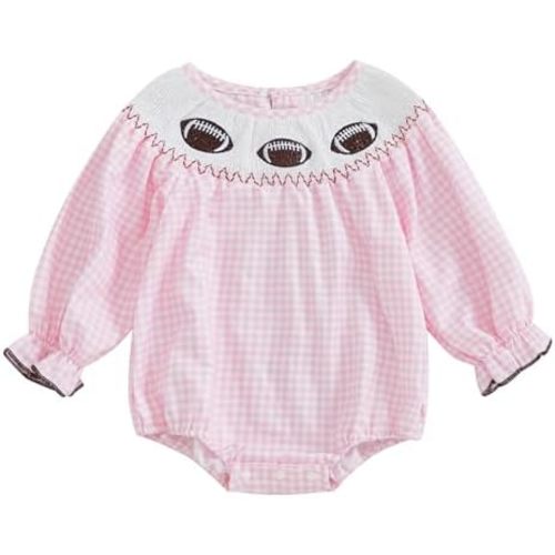 Karuedoo Infant Toddler Baby Girl Football Outfit Plaid Football Embroidery Long Puff Sleeve Smocked Bubble Romper Bodysuit