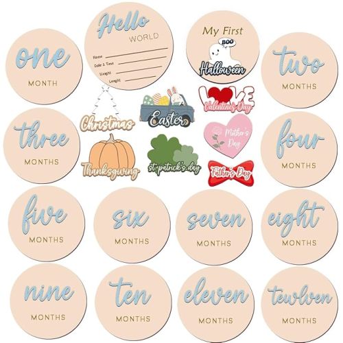 Monthly Baby Milestone Maker Discs, Baby Milestone Signs for Newborn Baby, Hello World Newborn Sign for Girl & Boy, Baby Announcement Sign for 1-12 Month, Milestone Wooden Circles (Blue Haze)