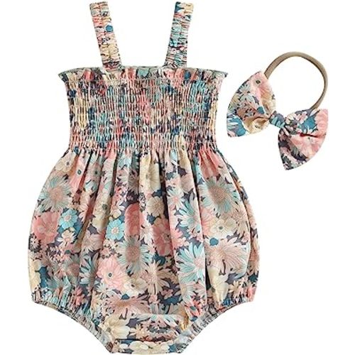 Infant Baby Girl Summer Outfit Clothes Sleeveless Smocked Cotton Linen Romper with Headband