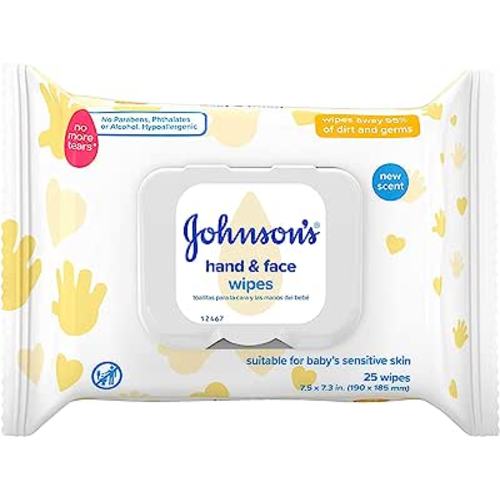 Johnson's Hand & Face Baby Sanitizing Cleansing Wipes for Travel and On-the-Go, No More Tears Formula, Paraben and Alcohol Free, 25 ct : Baby