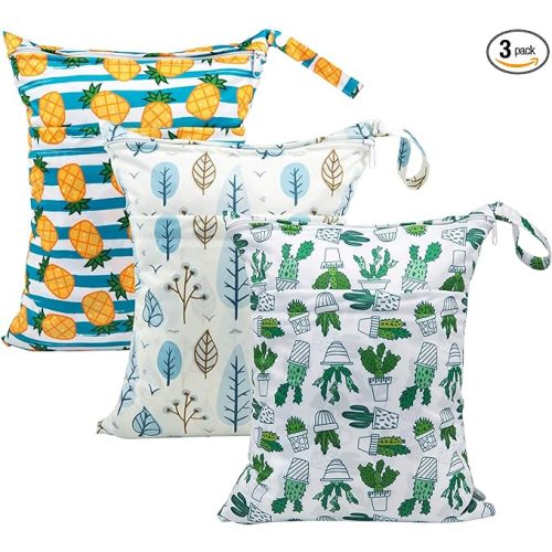babygoal Wet Dry Bags for Baby Cloth Diapers, Washable Travel Bags, Beach, Pool, Gym Bag for Swimsuits & Wet Clothes with Two Zippered Pockets 3 Pack, 3LN05 - pineapple and cactus