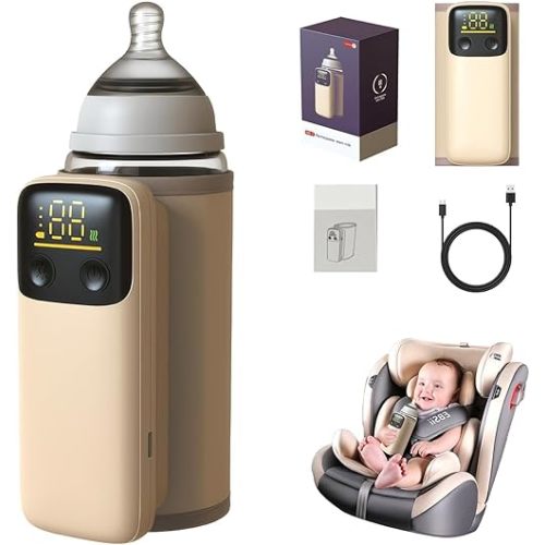 Portable Bottle Warmer for Travel, Fast Warming, Waterless Milk Warming with Battery-Powered for Home Outdoor, Comfortable Baby Feeding On The Go, Fast Baby Milk Warmer with Timer (Brown)
