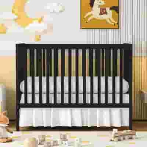 SESSLIFE 5-In-1 Convertible Crib, Black Baby Bed, Converts from Baby Crib to Toddler Bed, Fits Standard Full-Size Crib Mattress(Not Included)