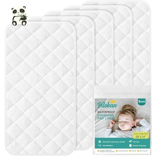 Blioban Waterproof Changing Pad Liners Viscose Made from Bamboo with Non-Slip Back, Changing Pad Liners Extra Thick Absorbant Large Size Washable, Reusable Diaper Changing pad Liners, 5 Pack, White