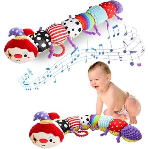 Baby Toy Plush Toy Musical Stuffed Animal Infant Soft Sensory Toys with Crinkle Rattles for Newborn 0-3-6-12 Months Birthday Gift (Red - Clown)