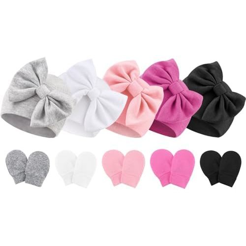 Newborn Baby Hats and Mittens Set Infant Bow Beanie Cap Toddler Gloves Newborn Hospital Hats for Baby Boy Girl 0-6 Months