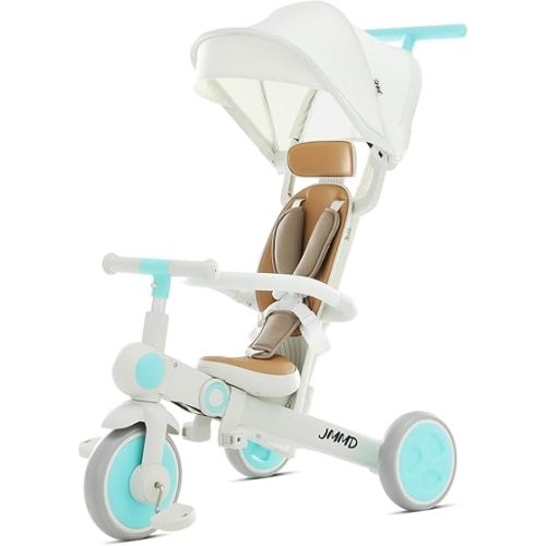 JMMD Baby Tricycle, 7-in-1 Multifunctional Kids Trike with Adjustable Parent Handle, Safety Harness & Wheel Brakes, Removable Canopy, Stroll Trike for Boys & Girls Ages 18 Months-5 Years, Mint