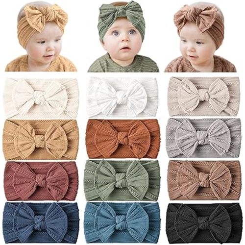 Prohouse 12 Pack Baby Nylon Headbands Hairbands Hair Bow Elastics Handmade Hair Accessories for Baby Girls Newborn Infant Toddlers Kids(Blue)