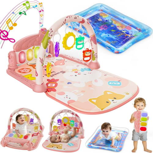 WonderStone Baby Gym Playmat for Infant,Tummy Time Water Mat with 5 Infant Sensory Baby Toys & Musical Piano Activity for 0-36 Months Boys Girls，Pink