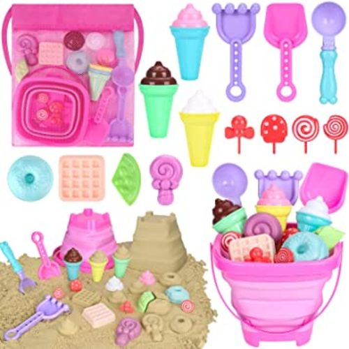 Collapsible Beach Toys Set for Kids Toddlers Girls, Collapsible Sand Bucket and Shovels Set with Mesh Bag & Sand Molds, Ice Cream Travel Sand Toys for Beach, Sandbox Toys for Toddlers Kids Age 3-10