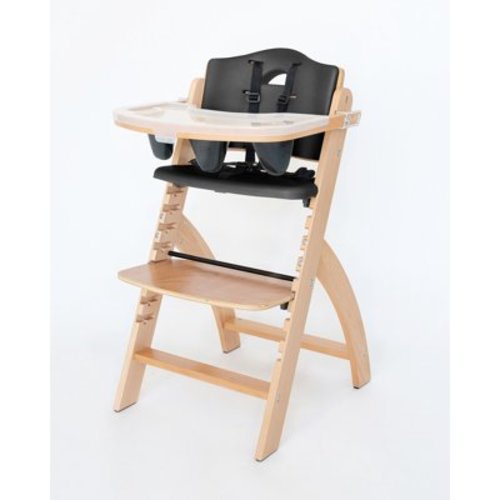 Abiie Beyond Wooden High Chair with Tray. The Perfect Adjustable Baby Highchair Solution for Your Babies & Toddlers or as a Dining Chair. (6 Months up to 250 Lb) (Natural Wood - Black Cushion)