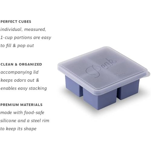 W&P Cup Cubes Silicone Freezer Tray with Lid, Blue, Makes 4 Perfect 1-Cup Portions, Freeze & Store Soup, Broth, Sauce, Leftovers, Dishwasher Safe, 4-Cup