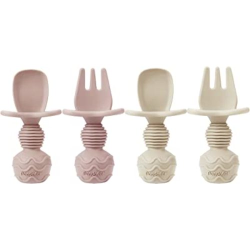 PandaEar 4 Pack Silicone Baby Spoons Forks Feeding Set, Toddler Utensils Baby Led Weaning Supplies, First Stage Baby Spoon Self Feeding 6 Months Old Baby Essentials