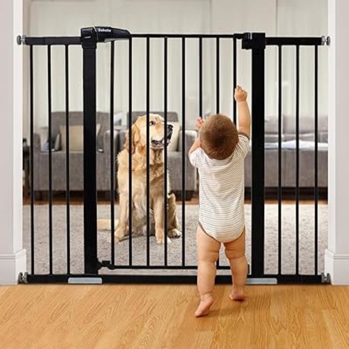 BABELIO 36" Tall Baby Gate, 29-48" Auto-Close & Pressure Mounted, Black Steel Dog Gate for Stairs & Doorways