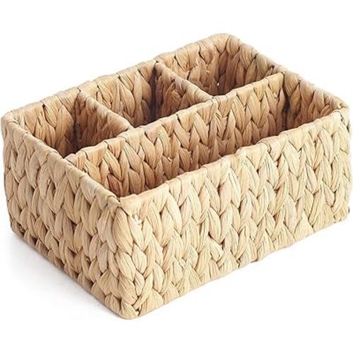 Water Hyacinth Woven Wicker Basket with 4 Sections for Organizing Kitchen, Rooms and Bathrooms