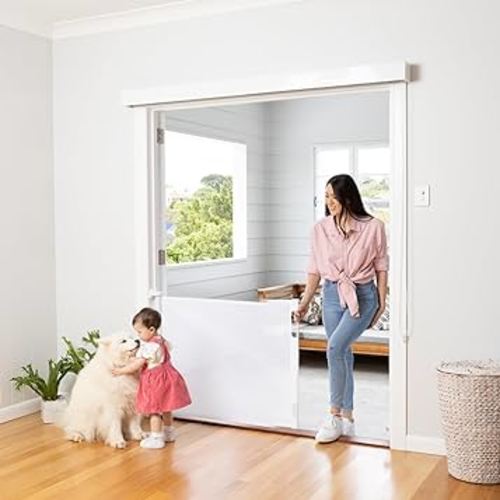 Retractable Baby Gate Perma Child Safety 33" Tall x 71” Wide, Mesh, for Stairs, Doorways, Dogs, Pets, Indoor, Outdoor, One-Handed Operation, Locking, Easy Install, Hardware Mount, White