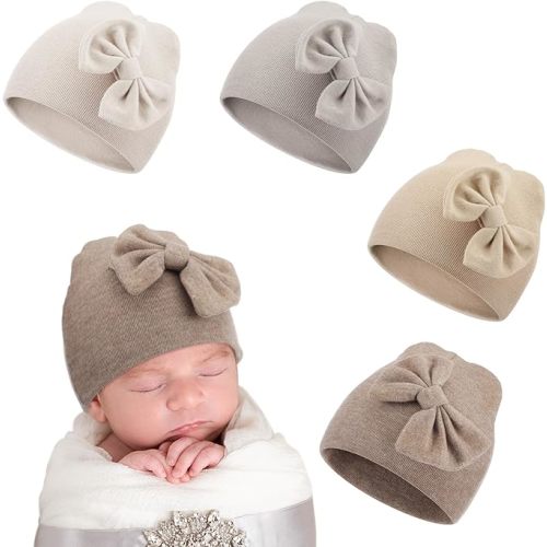 Cuffbow 4 Pcs Preemie Hats Bow Cap Warm Hospital Premature Baby Cotton Beanie for Premature Boy Girl Newborn 3-7 Lbs Infant