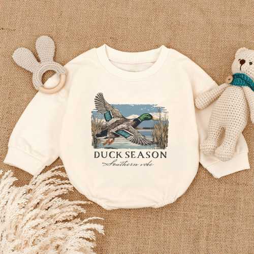 Retro Flying Mallard Duck Hunting Baby Romper, Hello Hunting Season Duck Baby Clothes, Fall Hunter Baby Outfit, Trendy Birthday Gift