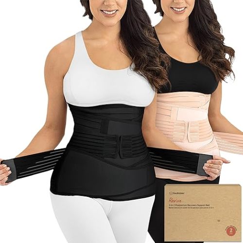 KeaBabies 3 in 1 Postpartum Belly Support Recovery Wrap – 2-Pack Postpartum Belly Band, After Birth Brace, Slimming Girdles, Waist Shapewear, Post Surgery Pregnancy Support Band (Black/Ivory, M/L)