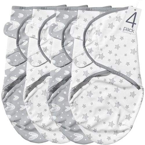 Biloban Baby Swaddles 0-3 Months for Boy Girls, Baby Swaddle, Newborn Swaddle, Cotton Swaddle Blanket, Newborn Essentials, Lovely Grey Print, 4 Pack
