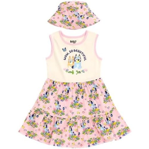 Bluey Floral Girls Dress and Bucket Sun Hat Toddler to Big Kid