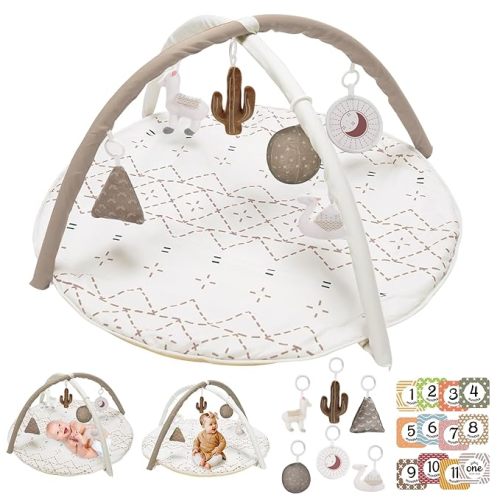 Tummy Time Mat with 6 Toys, Macrame Baby Play Mat for Newborn, Baby Gym with 12 Milestone Cards, Stage-Based Sensory and Motor Skill Development Baby Play Gym, Non Slip Mat Washable, Khaki