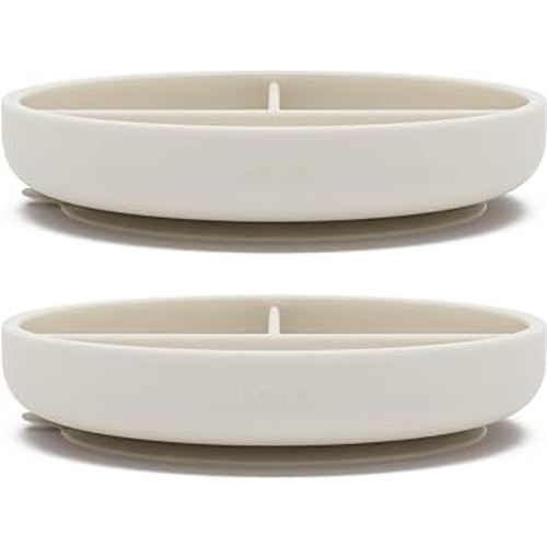 Lalo Suction Plates - 2 Pack, 100% Silicone Non-Toxic BPA-Free Baby Plates with Suction Base To Prevent Accidental Tip-Overs - Suction Plates for Toddlers With Three Divided Sections - Oatmeal