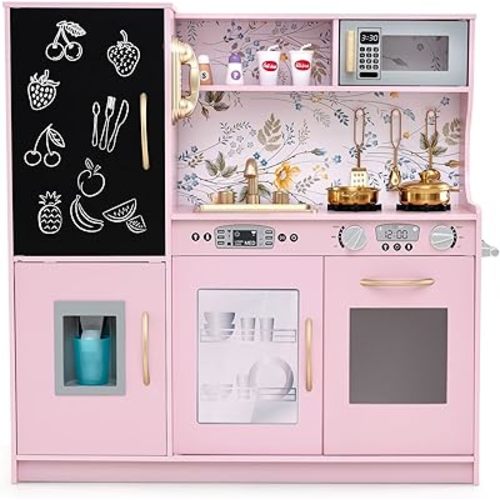 HONEY JOY Kids Kitchen Playset, Wooden Little Chef Pretend Toy Kitchen Set w/Chalkboard, Telephone, Utensils, Oven, Microwave, Sink, Storage, Play Kitchen for Toddlers Boys Girls, Pink Flower