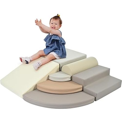 Merax 7-Piece Soft Foam Blocks, Baby Soft Climbing Toys for Toddlers 1+, Indoor Climbing Crawling Activity Play Set, Corner Soft Play Climber Set, Cappuccino