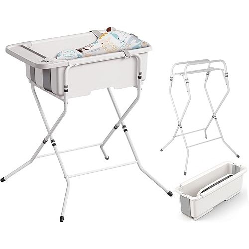 Collapsible Baby Bathtub with Stand - Large Baby Bath Tub with Thermometer & Cushion | Portable Travel Newborn Infant Bathtub | Foldable Toddler Bathtub for Baby 0 to 36 Months (White)