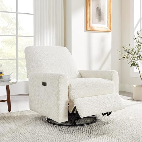 VANOMi Power Swivel Glider Recliner Chair, Electric Nursery Rocker Recliner Chair, USB & Type-C Charger, Boucle White