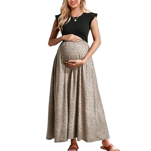 OUGES Women's Maternity Dress Summer Ruffle Sleeve Patchwork Casual Flowy Maxi Dresses with Pockets