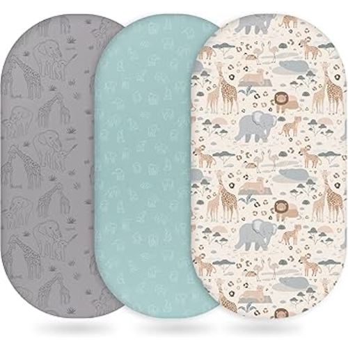 Baby Bassinet Sheets Girl Boy, Fitted Bassinet Sheet Set 3 Pack Bassinet Mattress Sheets Universal Fit for Rectangle, Round, Oval, Hourglass Mattress, Soft Breathable Elephant