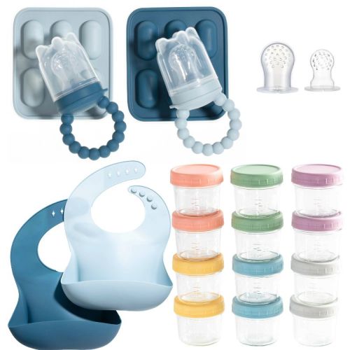 Baby Feeding Set, Silicone Baby Fruit Feeders, Baby Bibs & 12-Piece Glass Baby Food Storage Containers w/ Lids. Baby Must-Have, BPA-Free Easy to Clean