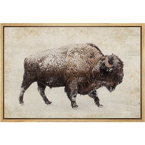 SIGNLEADER Framed Canvas Print Wall Art Sepia Double Exposure Buffalo Bison Collage Animals Wildlife Digital Art Realism Decorative Rustic Relax/Calm for Living Room, Bedroom, Office - 24"x36" NATURAL