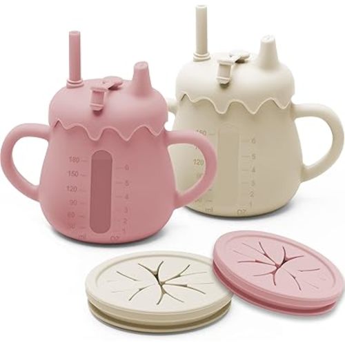 2 Pack Silicone Sippy Cups for Toddlers Spill Proof See Through Multistage Training Straw Cup with Snack Lid, 8OZ (Beige and Pink)