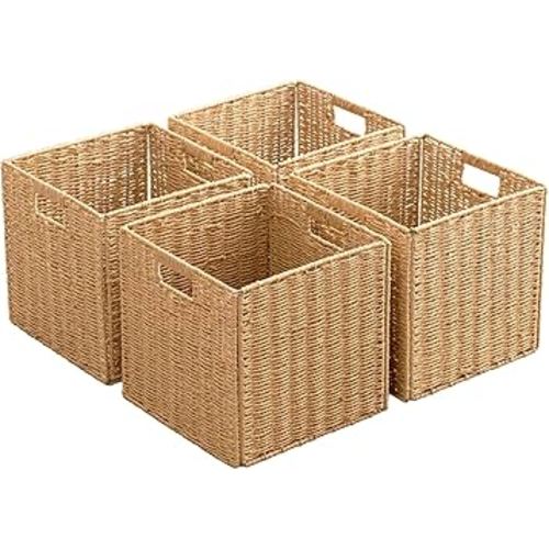Foldable Storage Baskets with Handles Paper Rope Storage Baskets Rectangle Collapsible Hand Woven Storage Cubes Bins for Organizing Shelves Living Room Bedroom Pantry (4, 13'' x 13'' x 13'')