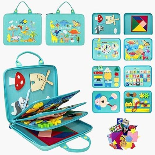Busy Board Montessori Toys for Toddlers 1 2 3 4 Year-Busy Book Board Travel Toy for Plane Car, Birthday Gift for Boys Girls-Preschool Educational Learning Sensory Activity Motor Skills (Green)