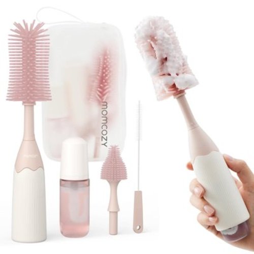 Momcozy Portable Bottle Brush Set - Baby Bottle Cleaner Kit with Silicone Brush, Drying Rack - 6 in 1 Bottle Cleaning Tool for Home and Travel Pink 1 Set
