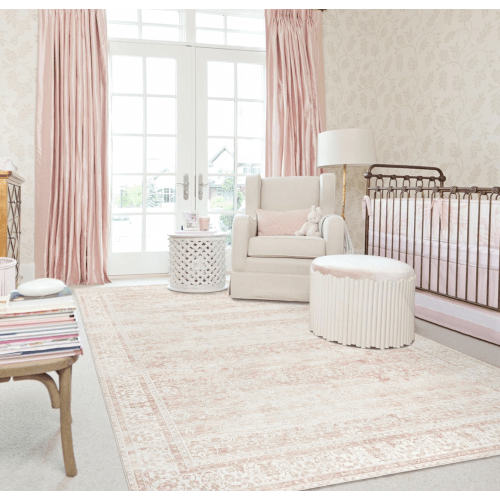 Nursery Rug for Baby Girl Neutral Blush Pink Boho Floral Washable Soft Faux Wool Area Rugs for Living Room Bedroom,5x8