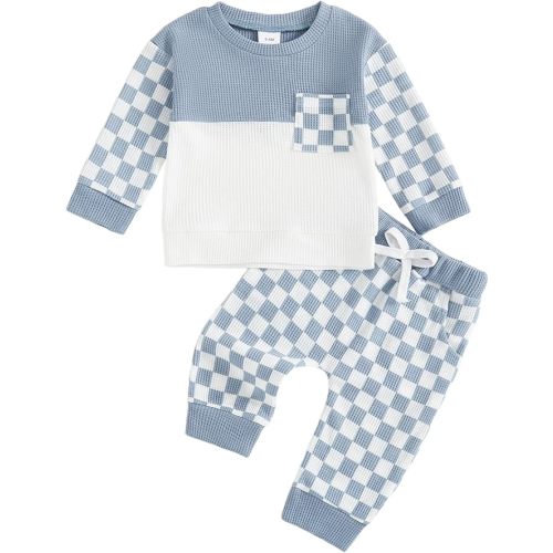 Toddler Baby Boy Fall Clothes Waffle Outfit Long Sleeve Color Blocking Sweatshirt Pullover Jogger Pant Set