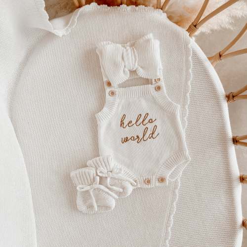 'Hello World' Singlet Romper & Topknot Bundle - Milk PRE ORDER EST DISPATCH LATE JAN