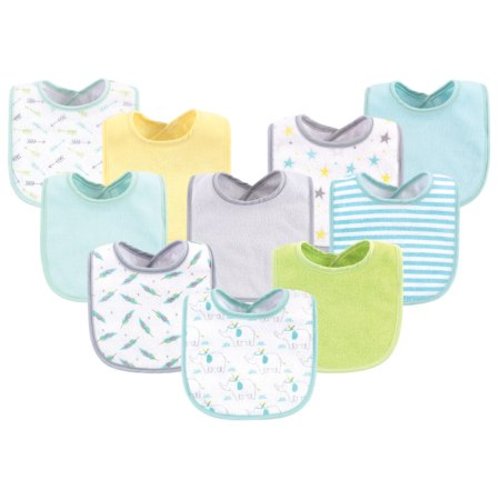 Luvable Friends Baby Boy and Girl Drooler Bibs, 10 Pack, Neutral Elephant/Stars