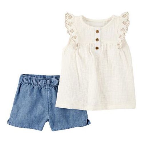 Baby Girl Carter's 2-Piece Eyelet-Sleeve Tank & Pull-On Chambray Short Set