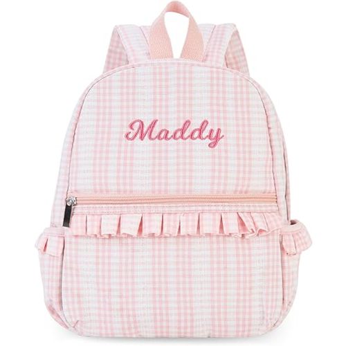 MT WORLD Ruffle Daycare Backpack Personalized Peach Gingham Backpack with Embroidered Name - 12inch Little Dancer Daypack with Lace - Small Daycare Bag for Travel Birthday Christmas Gifts