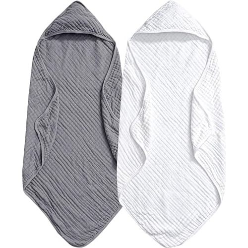 PHF 2 Pack Baby Hooded Towels, 100% Muslin Cotton Baby Bath Towel with Hood for Newborn, Infant, Toddler, Ultra Soft and Absorbent Baby Essentials Bath Towels for Boys Girls, 32x32Inch, White & Grey